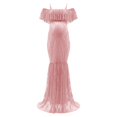 thumbnail image 6 of Gyujnb Off Shoulder Ruffle Flutter Sleeve Lace Maternity Gown Thin Spaghetti Strap Liner Fitted Long Train Formal Dress Elegant Outfit for Maternity Photoshoot Postpartum Party Wear,M, 6 of 7