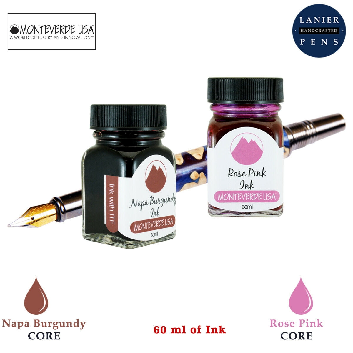 Monteverde 60ml Core Fountain Pen Ink Bottle (30ml Napa Burgundy Ink Bottle G309NB, 30ml Rose Pink Ink Bottle G309RP)