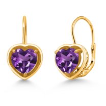 Gem Stone King 18K Yellow Gold Plated Silver Purple Amethyst Dangle Leverback Earrings for Women (1.80 Cttw, Gemstone Birthstone, Heart Shape 7MM)