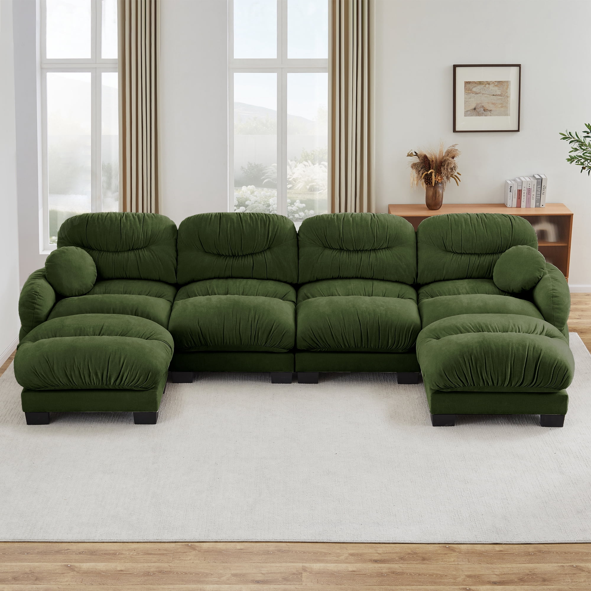 150" 4 Seater Sectional Couch Cozy Chenille U Shape Modular Sofa with 2 Ottoman and 2 Throw Pillows