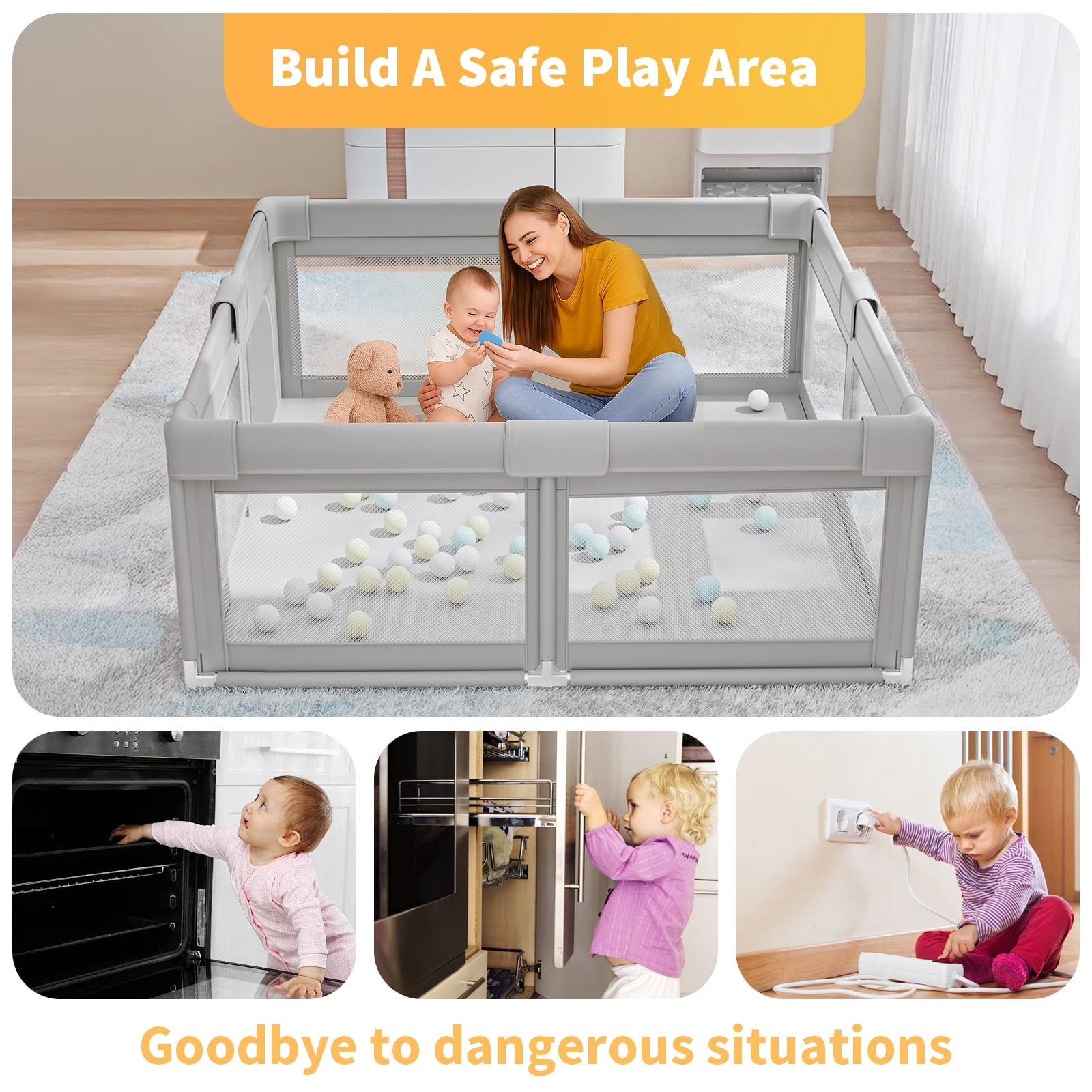 DaPlug Baby Playpen, 51 x 51 inch Indoor & Outdoor Toddler Play Yard Fence for Boys Girls, Gray