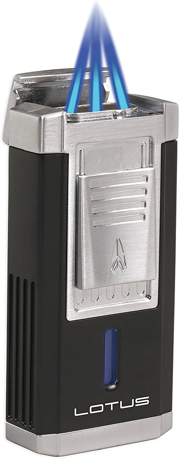 Lotus Duke Cigar Lighter with Triple Pinpoint Wind-Resistant Torch Flames, Single Action Ignition, Integrated Cutter, Tinted Fuel Level Window