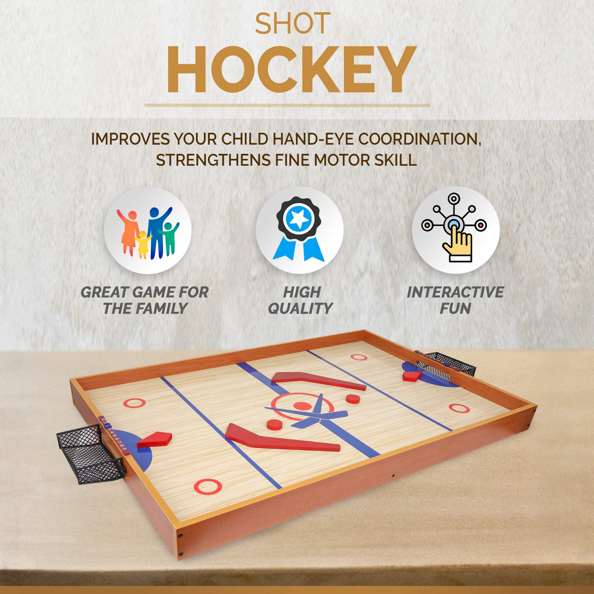 Point Games Tabletop Slap Shot Hockey Game, Super Durable Large Wooden Hockey Board with 2 Hockey Sticks and Pucks, Great Family Game for Ages 4+