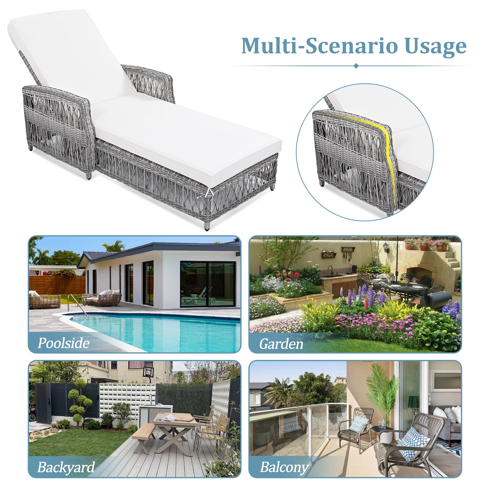 Outdoor Reclining Chaise with Armrests, Adjustable Lounge Chair for Poolside Garden, Beige