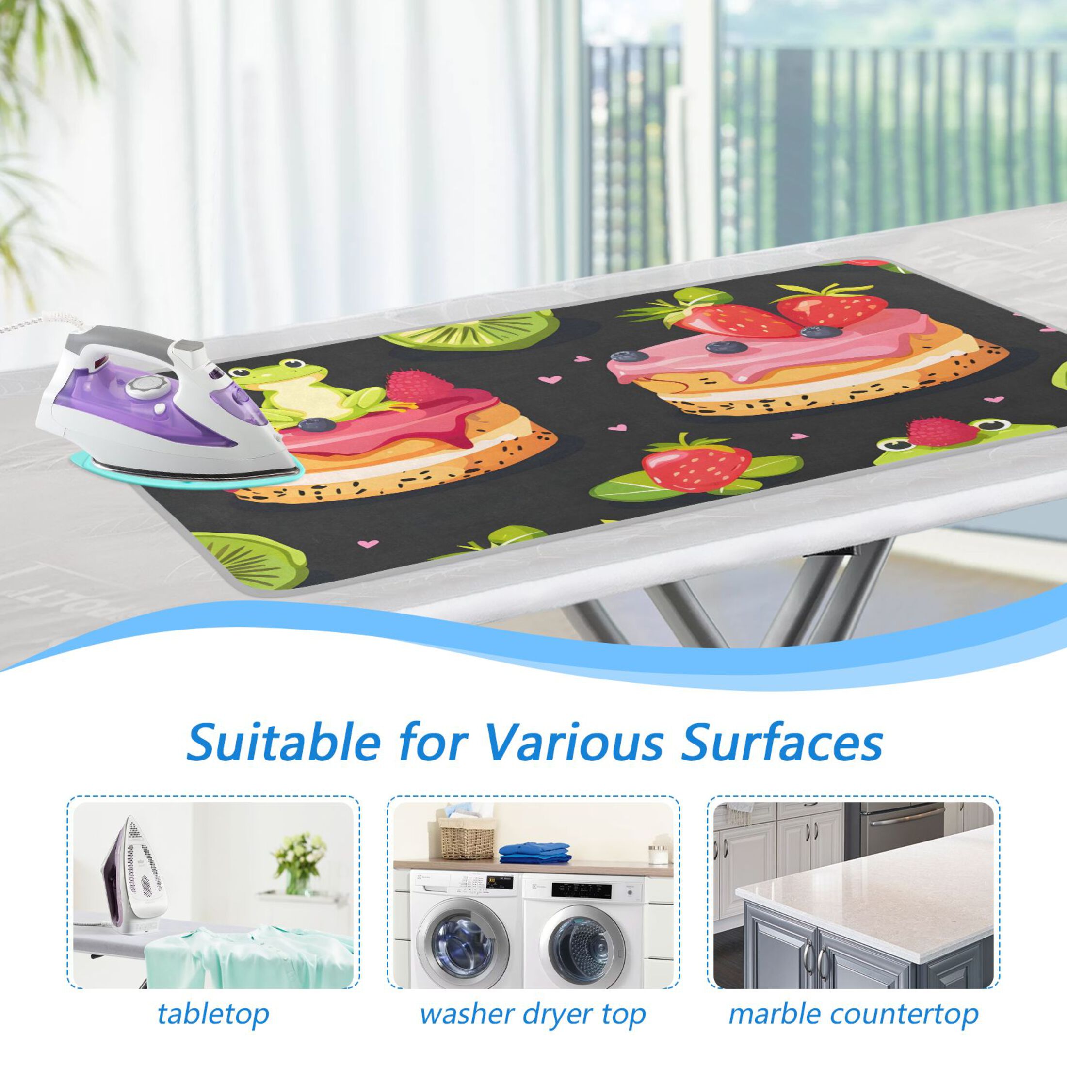 Frogs on Cakes Strawberries Kiwi Ironing Mat Blanket Portable Travel Ironing Pad Heat Resistant Pad 47.2" x 27.6”