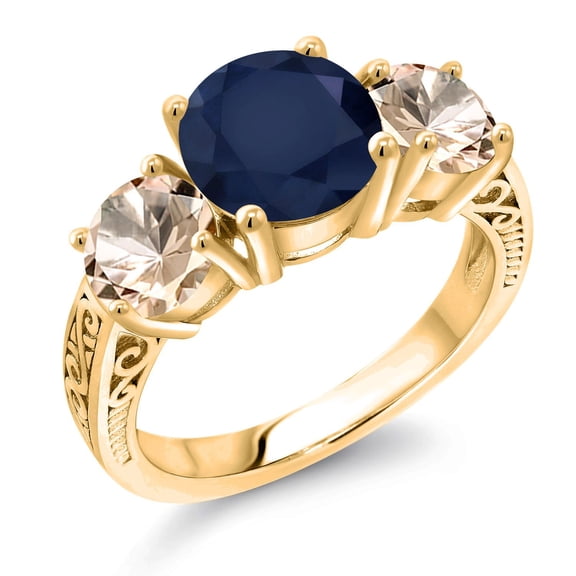 Gem Stone King 18K Yellow Gold Plated Silver Blue Sapphire and Peach Morganite Engagement Ring for Women | 3.66 Cttw | Round 8MM | Gemstone September Birthstone | Size 5