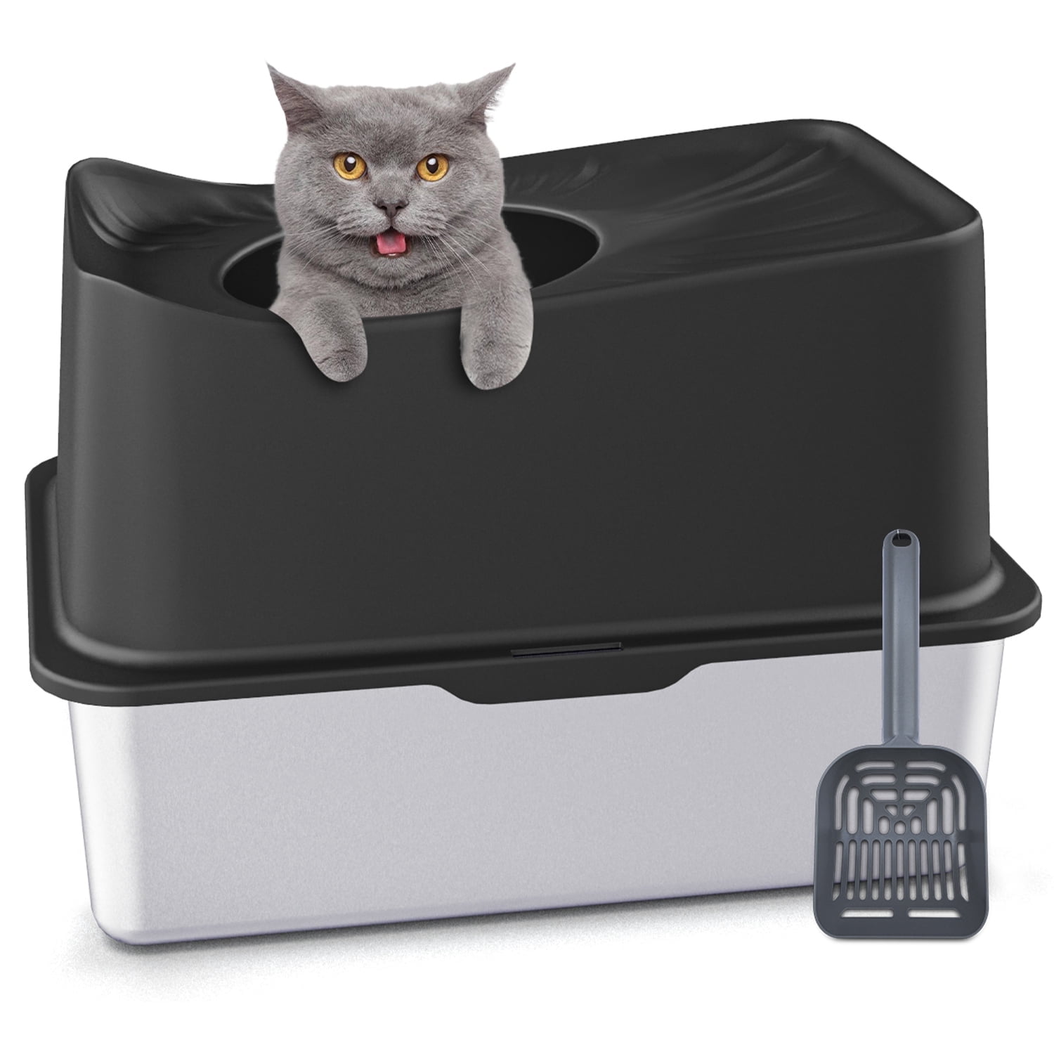 Top Entry Cat Litter Box with Lid, Extra Large Stainless Steel Kitty Litter Box for Big Cats, Easy Cleaning, Never Absorbs Odor, Stains, XL Metal Litter Pan Tray with High Wall Sides Enclosure, Black