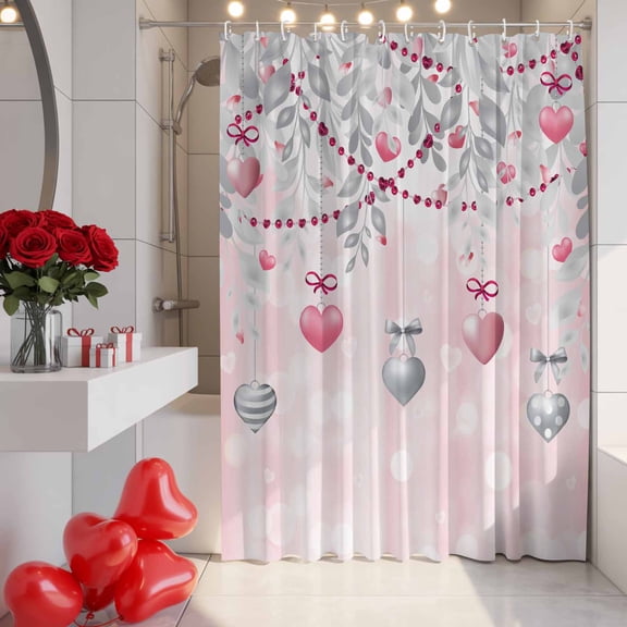 Valentine's Day Shower Curtain, 36" x 72", Pink Ombre Love Heart Grey Leaves Waterproof Bathroom Curtain Washable Shower Curtain Set with 12 Hooks