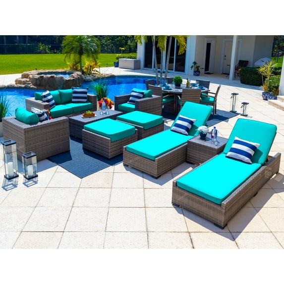 Sorrento 16-Piece Resin Wicker Outdoor Patio Furniture Combination Set in Gray w/ Loveseat Set, Round Dining Seat, and Chaise Lounge Set (Flat-Weave Gray Wicker, Sunbrella Canvas Aruba)