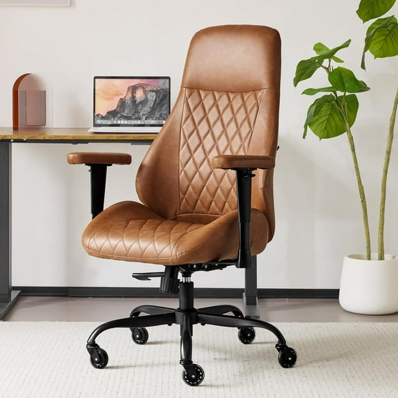 Home Office Desk Chair High Back Office Rubber Casters Ergonomic Computer Chair with Lumbar Support Adjustable Height Rolling Swivel Chair Executive Task Armrests, Brown Leather