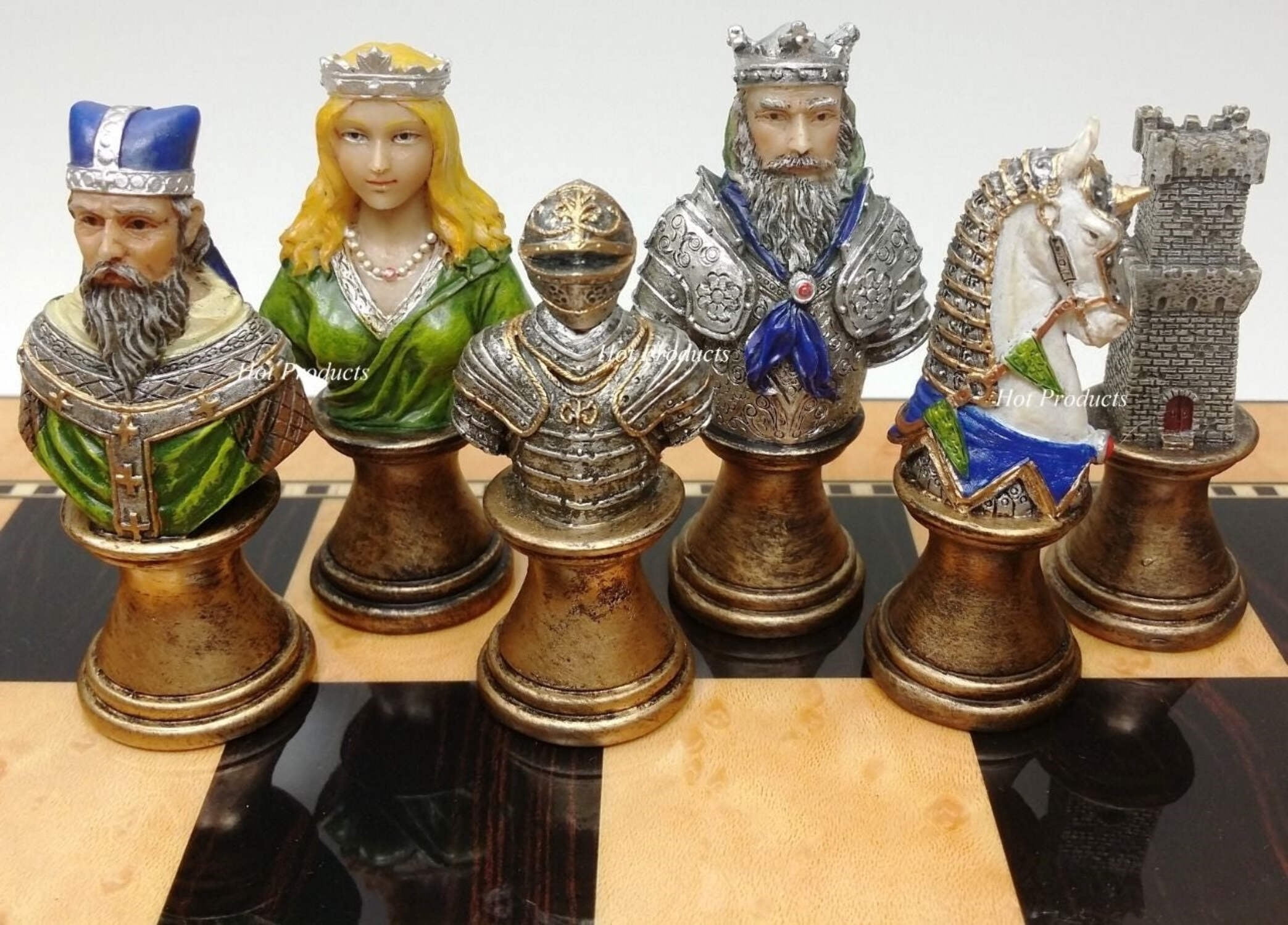 Medieval Times Crusades Busts PAINTED Chess Set 15" Walnut  Maple Color Board