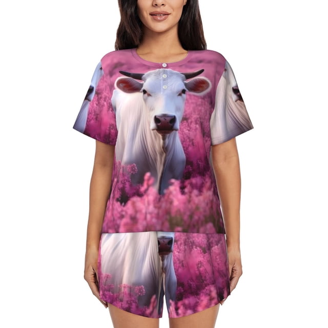 Fotbe Flower Field Cow Conjunto de Pijama Estampado para Mujer, 2 Piezas, Ropa de Dormir con Camiseta de Manga Corta y Shorts Suaves-XX-Large