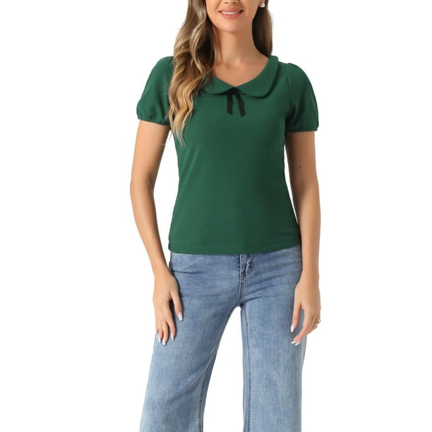 Blusa de cuello Peter Pan de manga corta con lazo para mujer INSPIRE CHIC, top casual de verano, tama?o S, verde oscuro