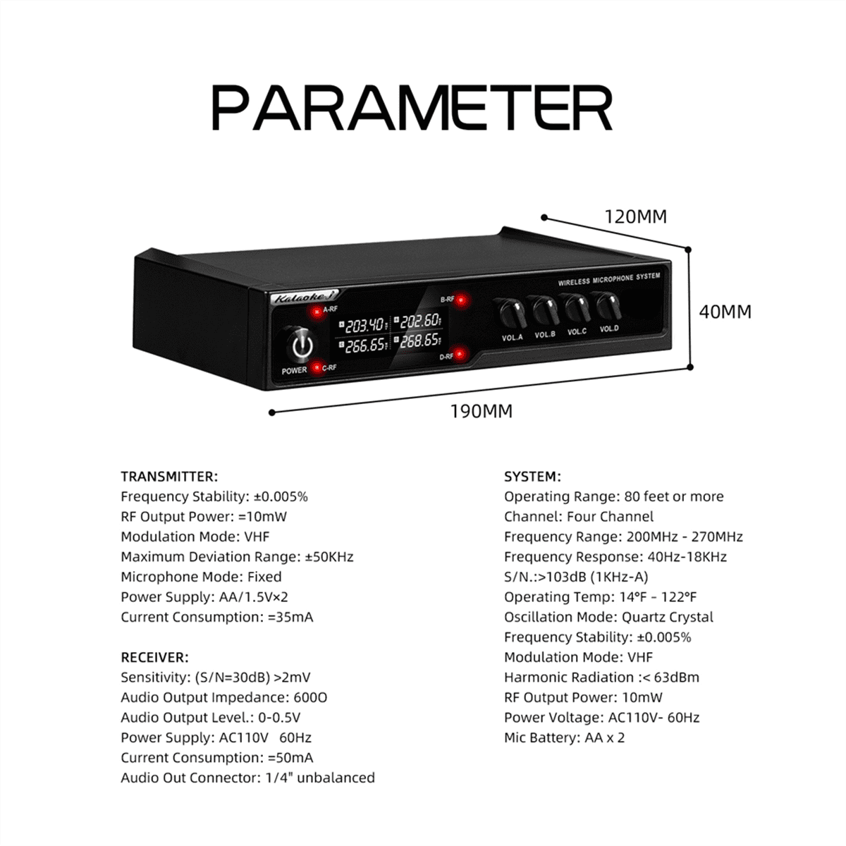 VM304 Audio 4-Channel Wireless Microphone System Handheld Mic 80M Range for Karaoke Speech Singing Portable Set US Plug