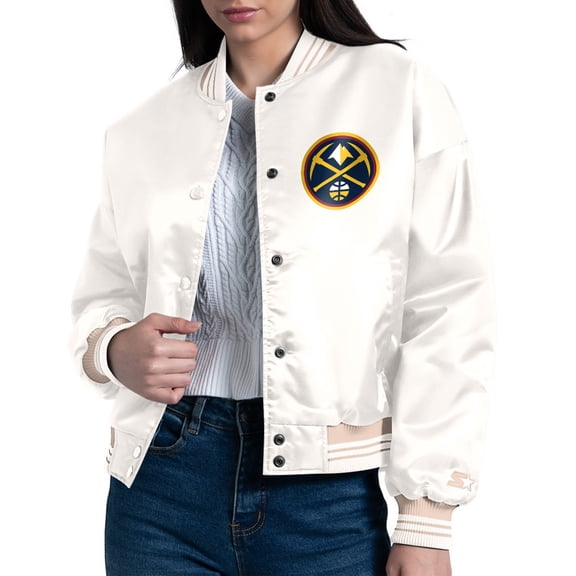 Women's Starter Cream Denver Nuggets Printed Logo Cropped Satin Varsity Full-Snap Jacket
