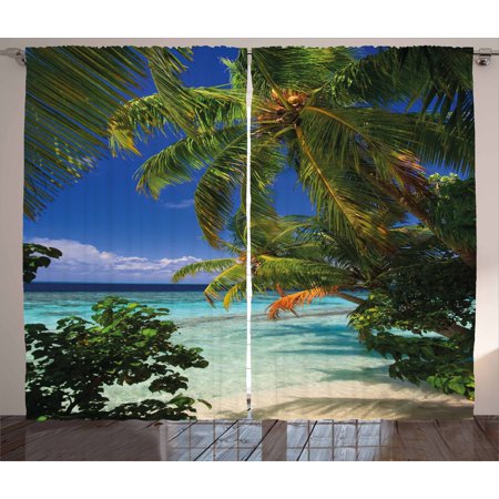 Beautiful Bedroom Set Plant Curtains 2 Panels Set, Tropical Paradise at Maldives with Palms Blue Sky Beautiful Beaches Tranquility, Window Drapes for Living Room Bedroom, 108W X 108L Inches, Sky Blue Green, by Ambesonne ()