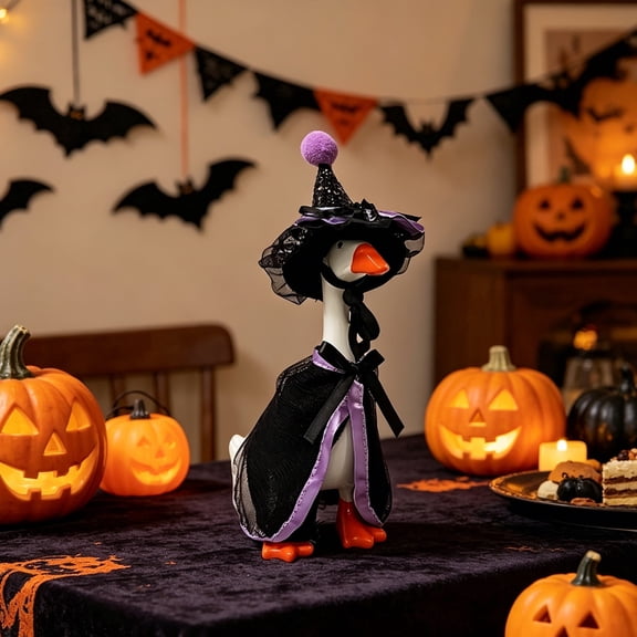 RUINIXCW 7 Inch Halloween Goose Outfits Desk Duck Outfit Mini Porch Goose Outfit for Desktop Goose Figurine Holiday Desk Goose Clothes Pointed Hat and Cape Set Witch Costume (No Goose)