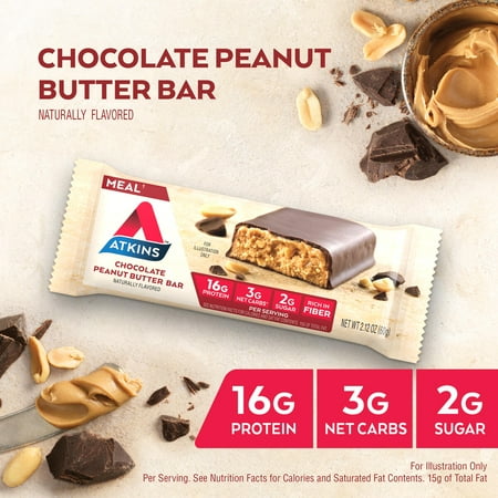 Atkins Chocolate Peanut Butter Protein Meal Bar, High Fiber, Low Sugar, Meal Replacement, Keto Friendly, 6/8 Packs