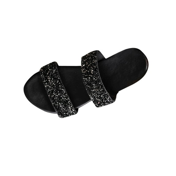 LOVZFMLL Women's Flat Sandals Rhinestone Glitter Slippers Two Band Open Toe Slip On Summer Casual Slides for Outdoor Daily Wear Black 5.5