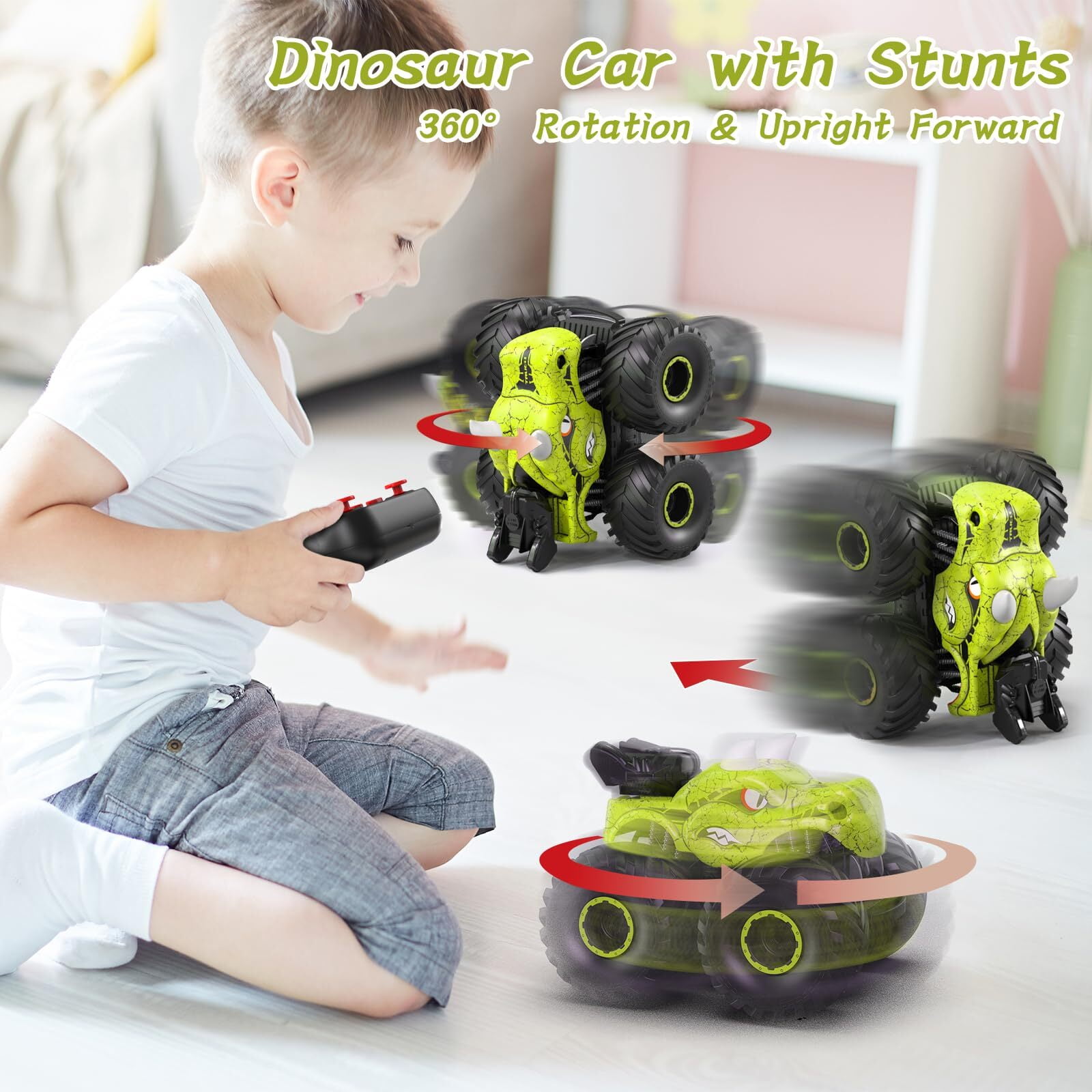 JBeeCtrl Remote Control Car 2.4GHz 360° Rotating RC Monster Trucks for Boys with Spray, Light & Sound Dinosaur Toys for Kids Boys 3 4 5 6 7 8 Christmas Birthday Gift（Green）