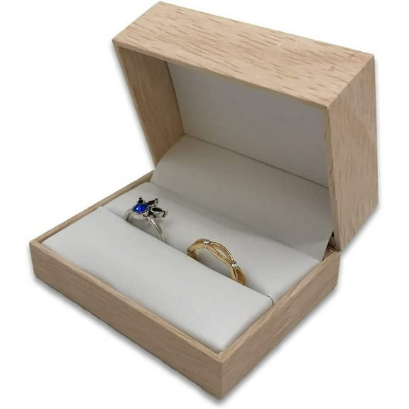 1 Qty - Natural Wood Double Ring Jewelry Box w/ Burlap Inset Top and White Leatherette Interior