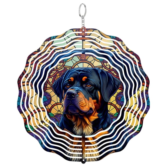 Black Rottweiler Colorful Floral 3D Wind Spinner, Stainless Steel Dog Mom Gift, Round