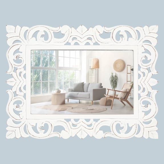 Homebia Designs Hand Carved Rectangular Wall Mirror-18×24 " Rustic Farmhouse Wood Frame with Antique White Finish-Vintage Boho Decorative Accent Mirror for Bathroom, Entryway, Bedroom & Living Room
