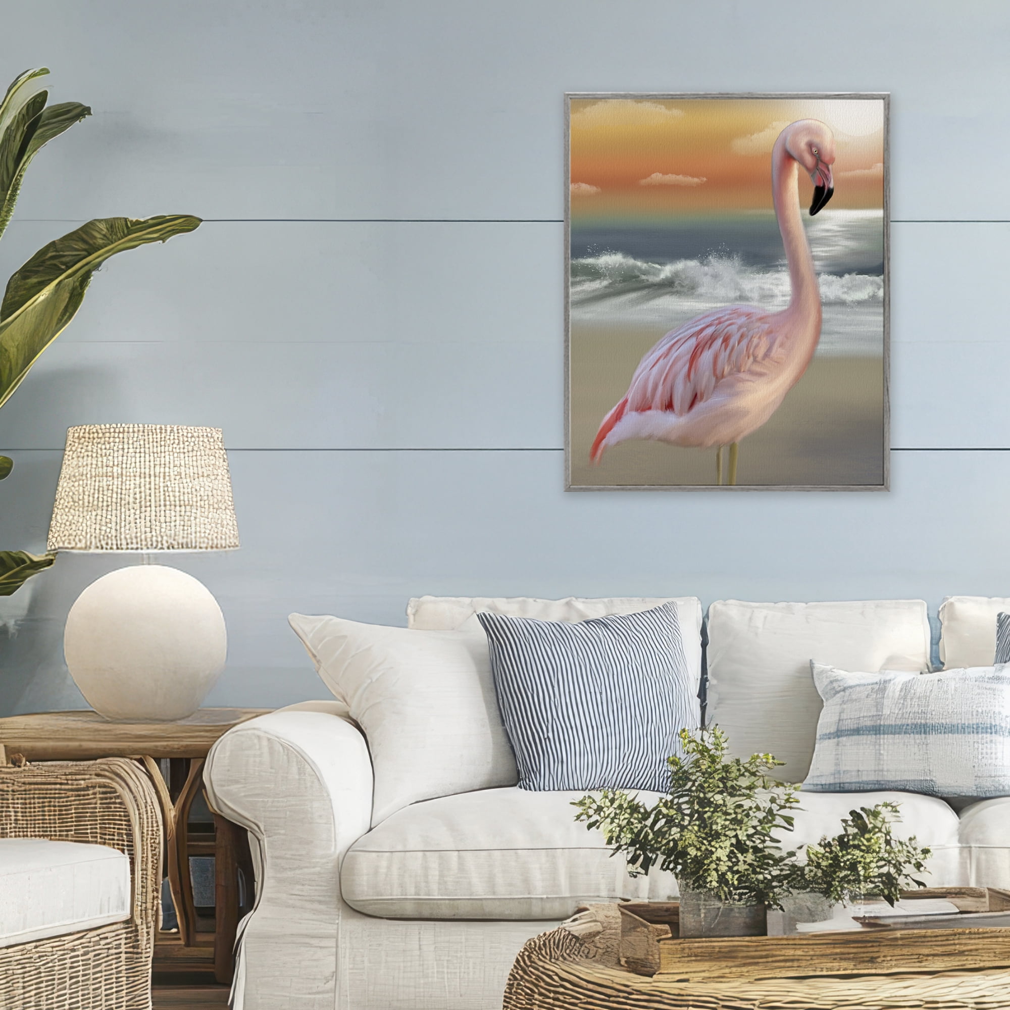 Stupell Industries Coastal Beach Flamingo Gray Framed Giclee Art, design by Matthew Piotrowicz