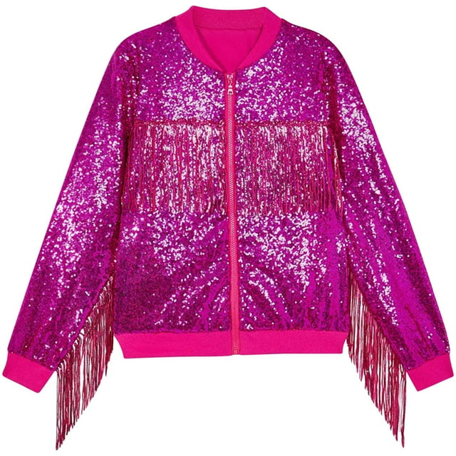 Dealovy Girls Sequin Jackets Spring Summer Long Sleeve Shirts Full Zipper Sparkly Solid Color Tassel Tops
