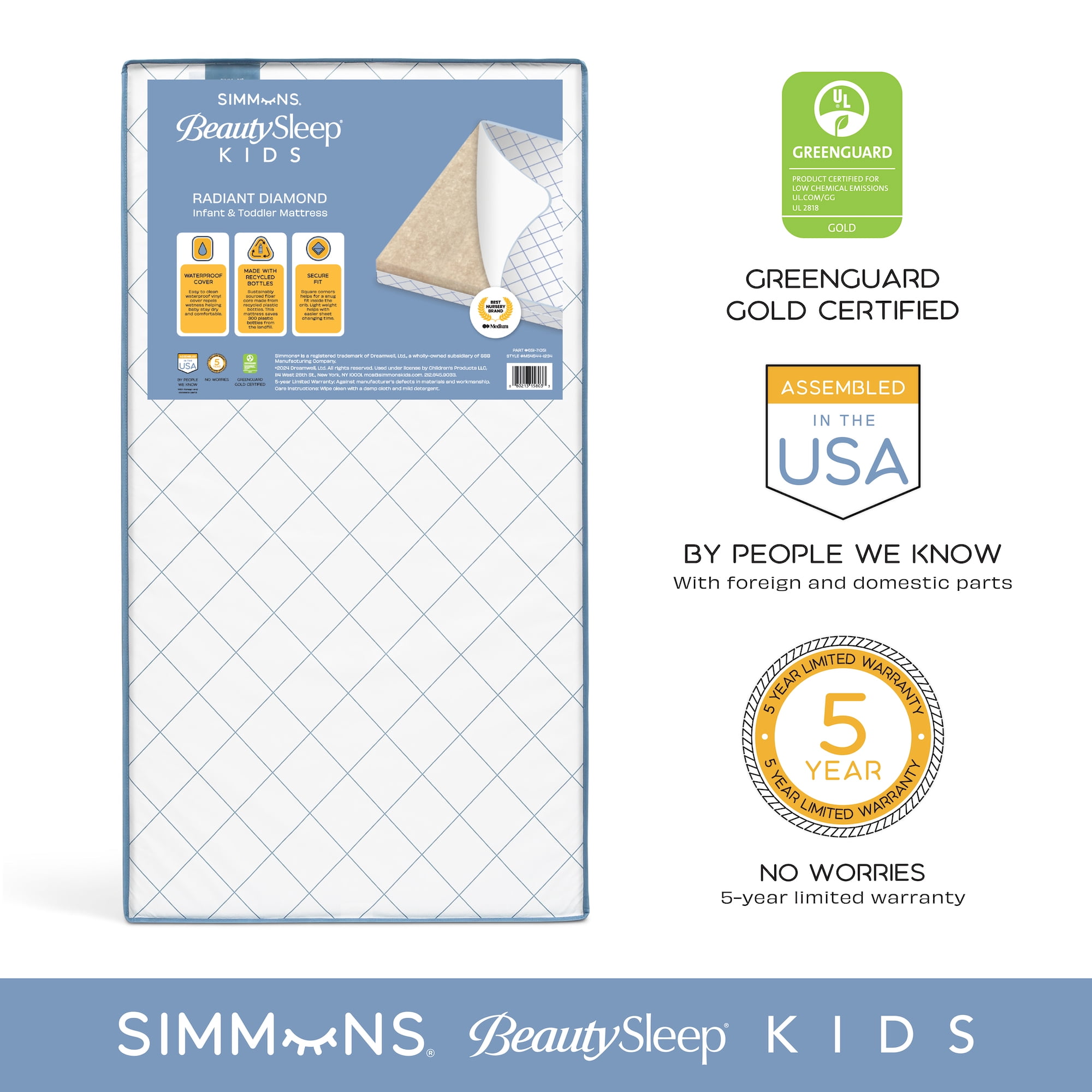Simmons BeautySleep Kids Radiant Diamond Extra Firm Crib And Toddler Mattress, GREENGUARD Gold Certified, Sustainably Sourced Fiber Core, Waterproof, White/Blue
