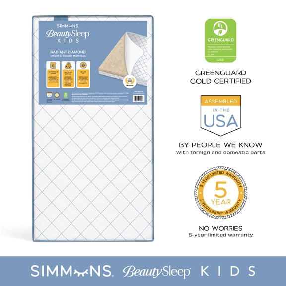 Simmons BeautySleep Kids Radiant Diamond Extra Firm Crib And Toddler Mattress, GREENGUARD Gold Certified, Sustainably Sourced Fiber Core, Waterproof, White/Blue