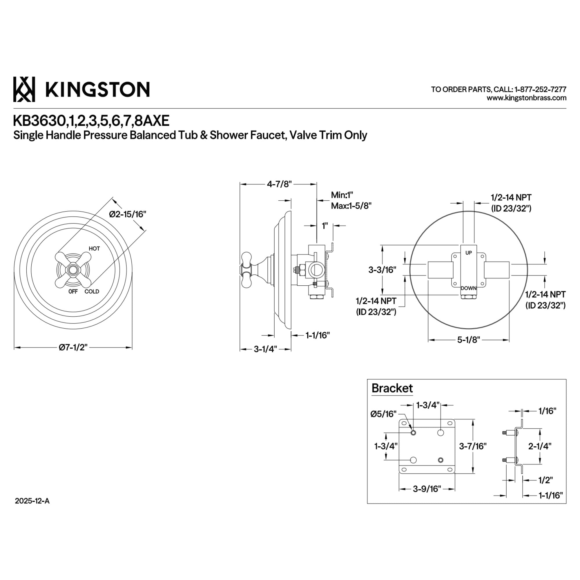 Kingston KB3632AXE Restoration Single-Handle Pressure Balanced Shower Valve and Trim Set - Valve Included in Polished Brass