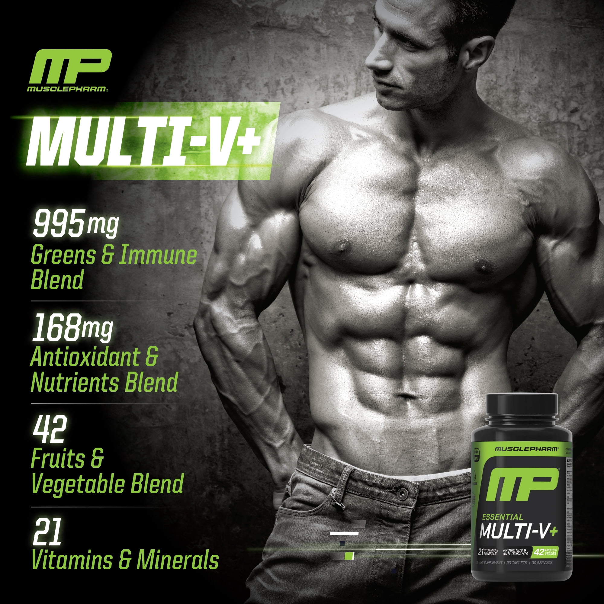 MusclePharm Essentials Multi-V+ The Athlete's Multi-Vitamin, Enhanced Energy, Performance & Immune Health, Daily Multivitamin for Men & Women with Minerals Plus Probiotics, 90 Tablets, 30 Servings