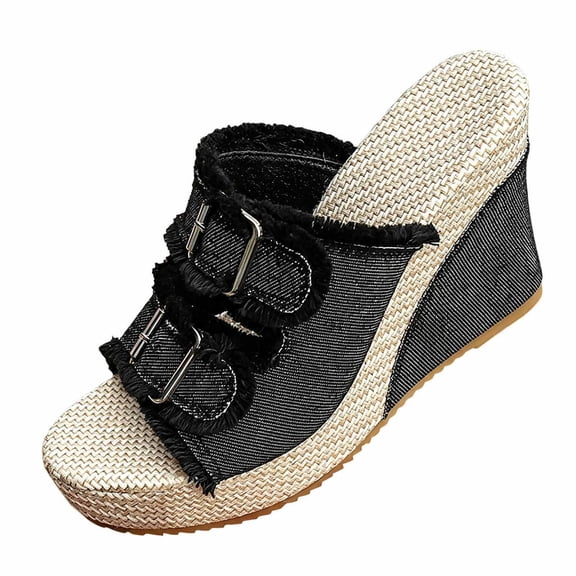 KIJBLAE Women's Denim Fabric Buckle Wedge Slide Sandals, Thick Sole Fashion Casual Summer Outdoor Beach Lazy Slides Black 36
