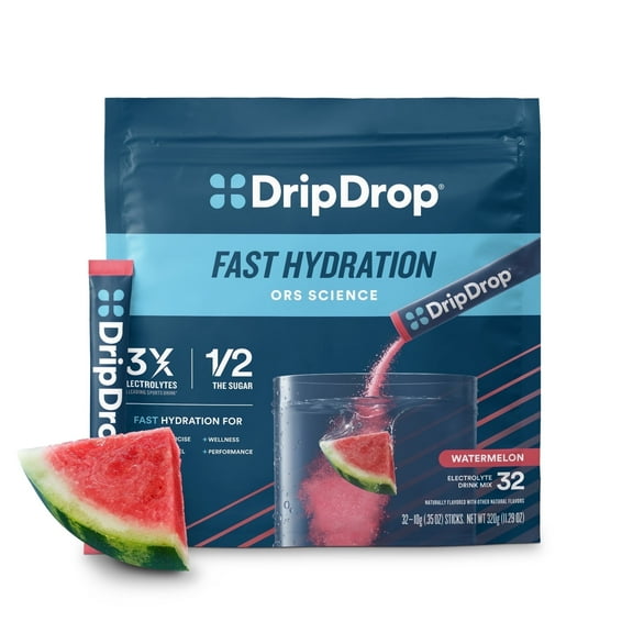 DripDrop Electrolyte Powder Drink Mix for Dehydration Relief Fast, Watermelon, 32pk