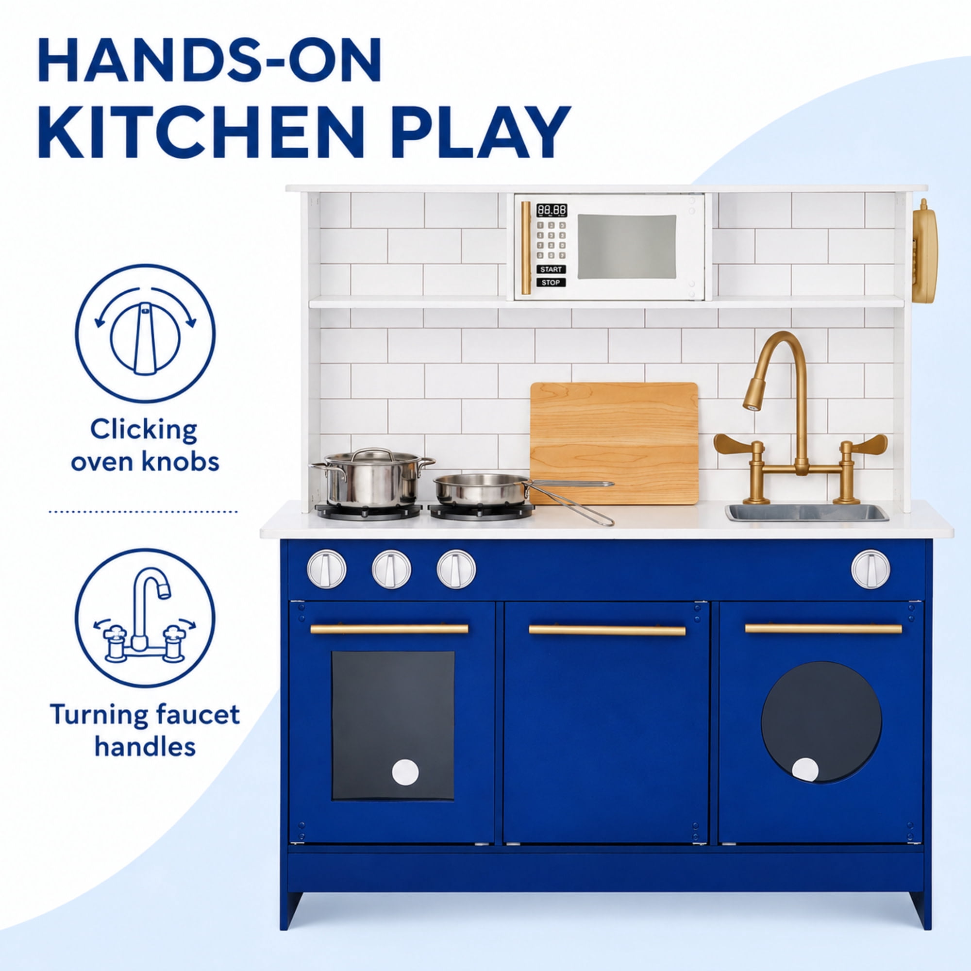 Teamson Kids Blue Wooden Kitchen Play Set with Gold Hardware, Subway Tile Backsplash and Pretend Play Cookware Accessories - Little Chef Berlin Modern