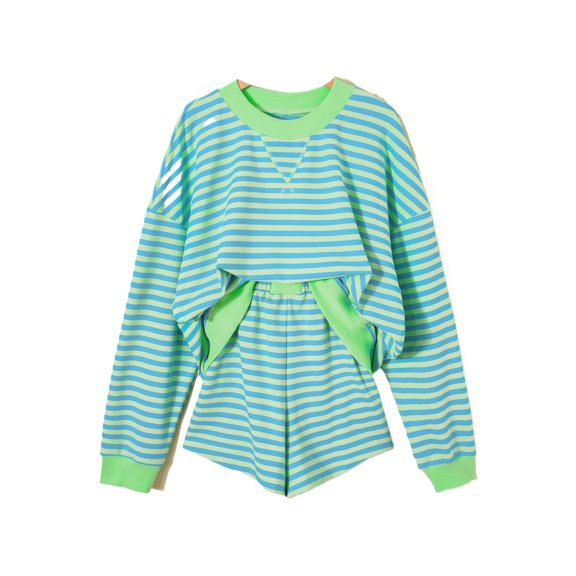 Women's Green Striped 2-Piece Lounge Set – Long Sleeve Pullover and High Waist Shorts, XL
