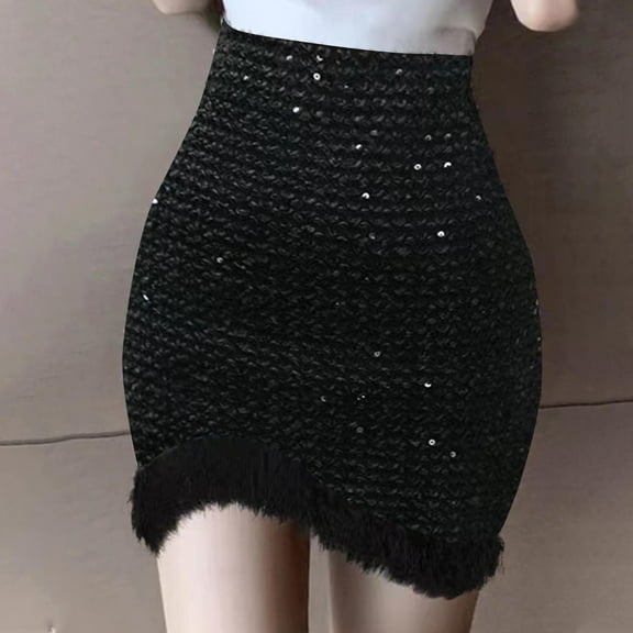 kttectoa Slim Sequin Bodycon Pencil Furry Edges Wrap Skirt Skirts for Women Solid Skirts Elastic Mid Waist Mini Skirt for Ladies Casual Casual Daily Wear
