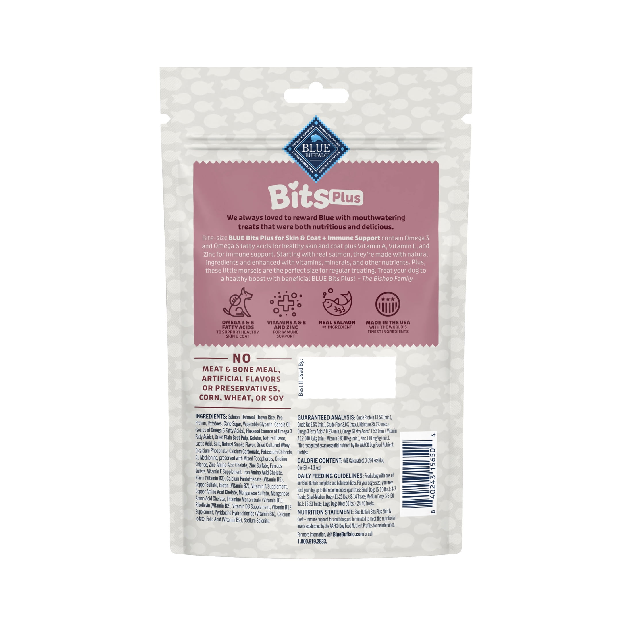 Blue Buffalo BLUE Bits Plus Skin & Coat and Immune Support Daily Benefit Dog Treats, Soft & Chewy Salmon Morsels, 9.5-oz. Bag