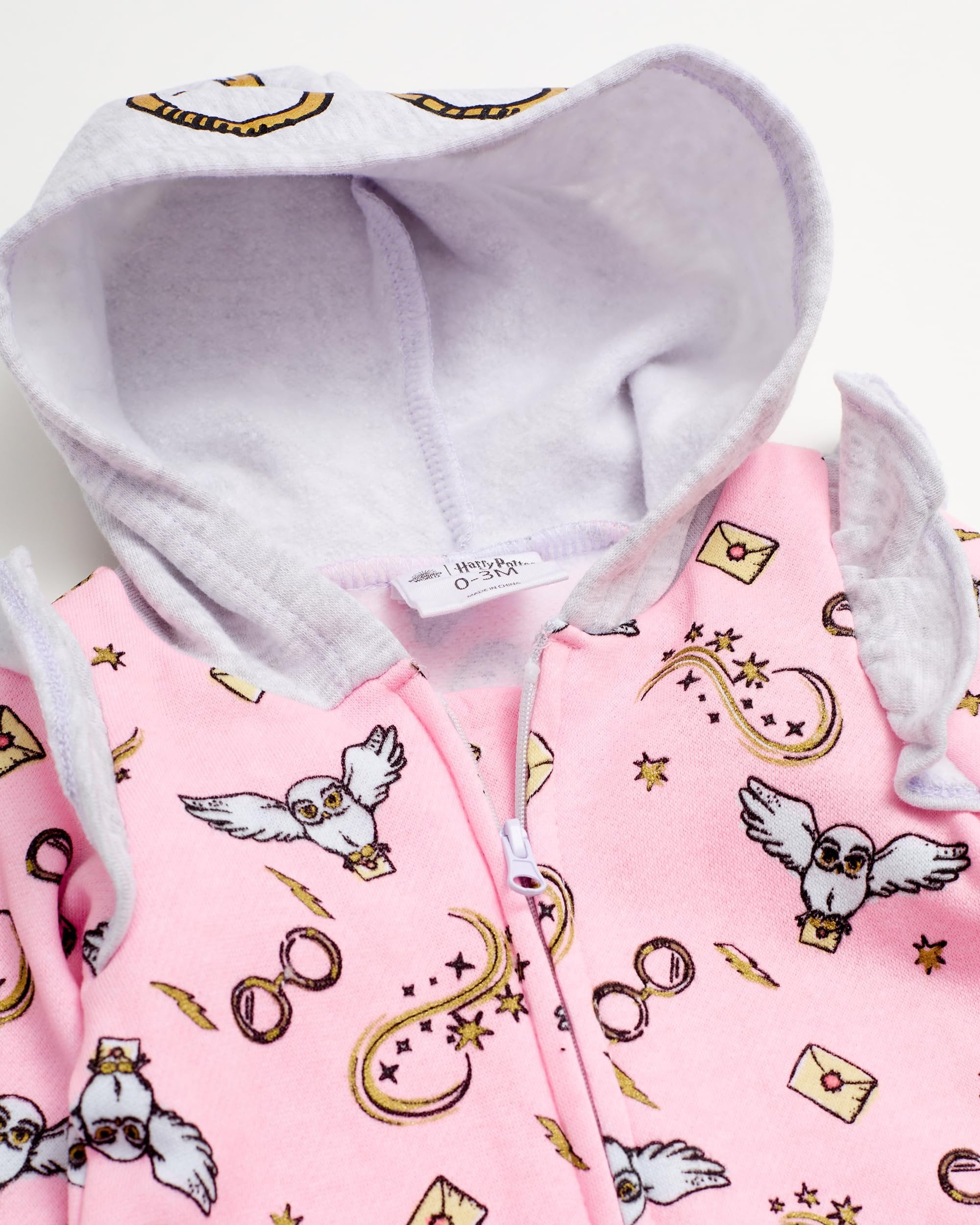 Harry Potter Baby Girls Hooded Bodysuit - Sweatshirt Fleece Zip Up One Piece Baby Clothes Pink/Grey, 6-9M