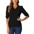 thumbnail image 1 of INSPIRE CHIC Blusas de manga abullonada para mujer, suéteres de cuello en V, camisetas de manga corta, blusas de punto de lana, casuales, talla XS, color negro, 1 of 6