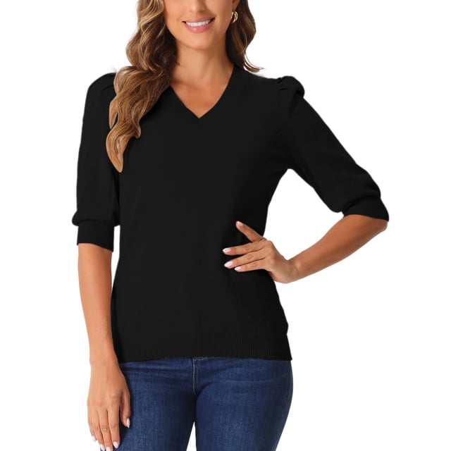 INSPIRE CHIC Blusas de manga abullonada para mujer, suéteres de cuello en V, camisetas de manga corta, blusas de punto de lana, casuales, talla XS, color negro
