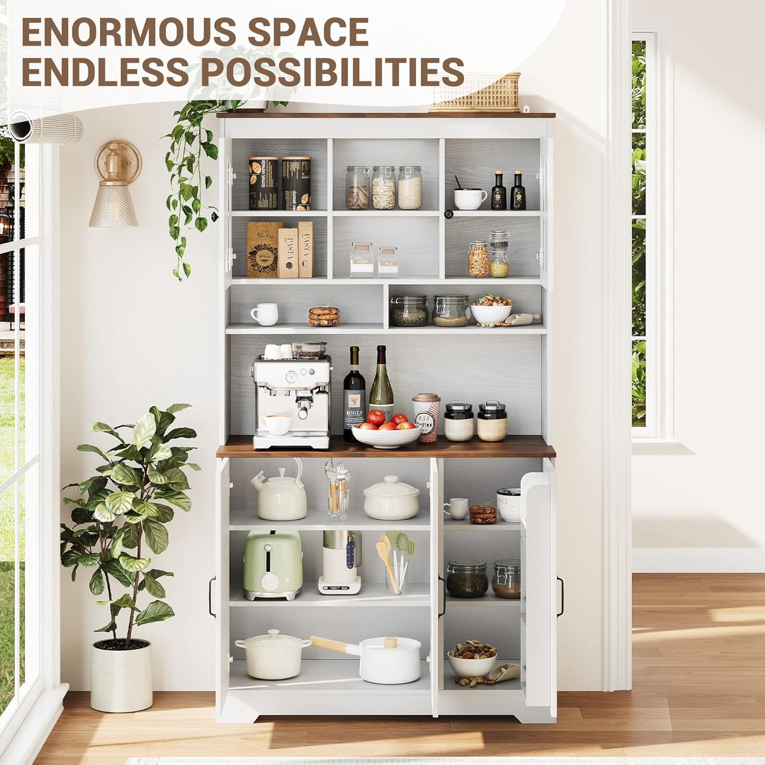 Pantry Cabinet with Charging Station, Tall Kitchen Pantry Storage Cabinet with Hutch,70.9 Inch Kitchen Cabinet with Glass Doors, for Dining Room