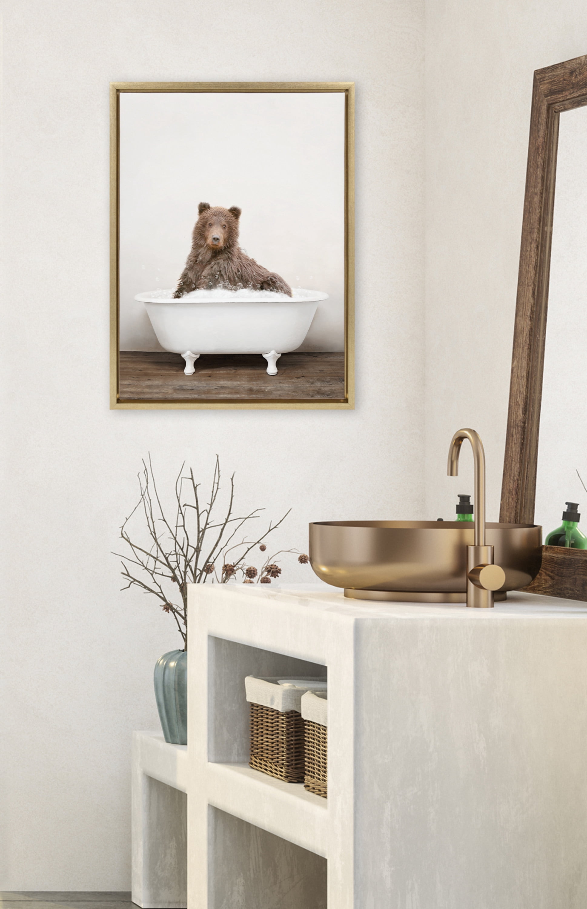 Kate and Laurel Sylvie Bear Rustic Bubble Bath Framed Canvas Wall Art by Amy Peterson Art Studio, 18x24 Natural, Modern Fun Decorative Bathtub Wall Art for Home Décor