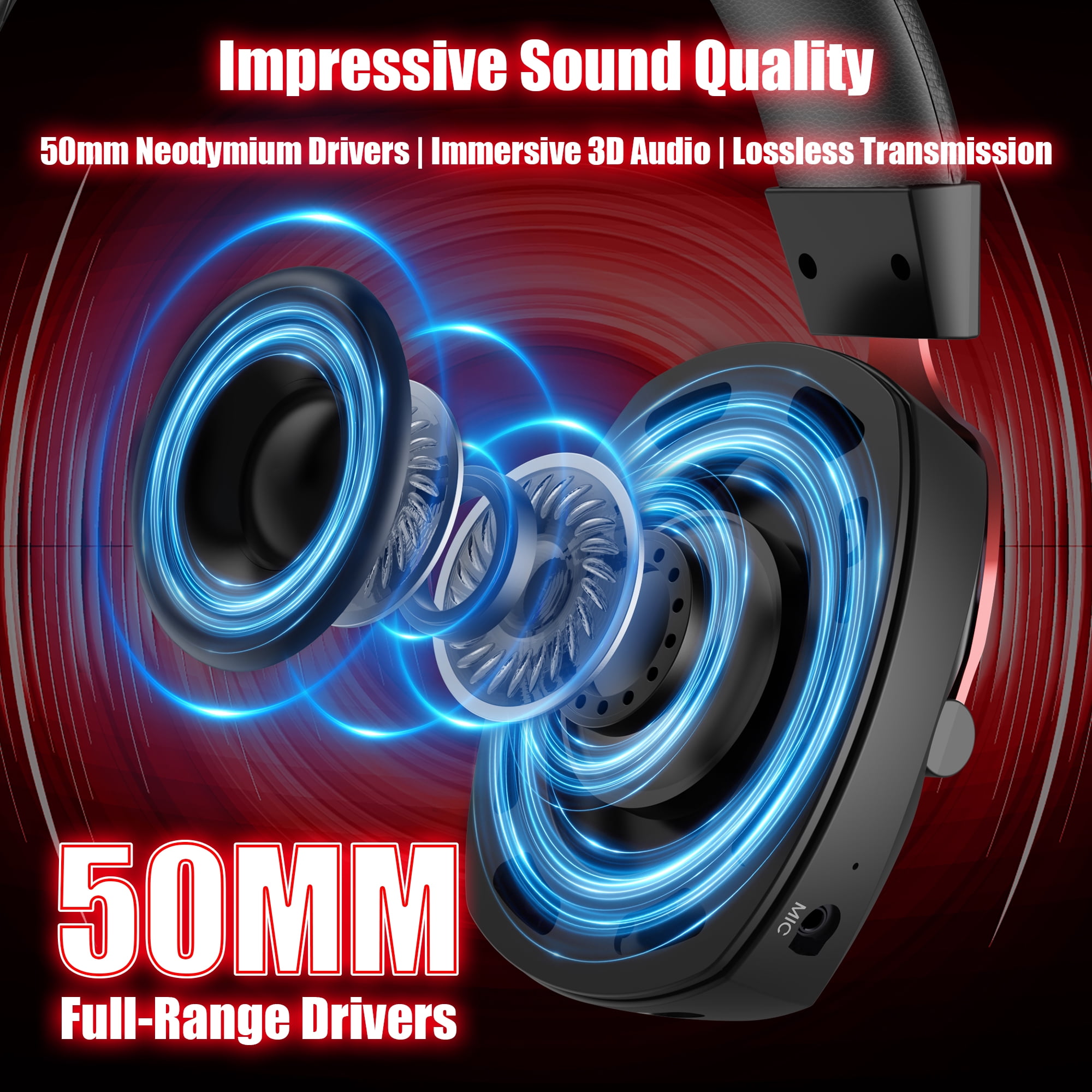 Mollan Bluetooth Wireless Gaming Headphones, Over-Ear with Noise-Canceling Mic, 40H Playtime, RGB, Red