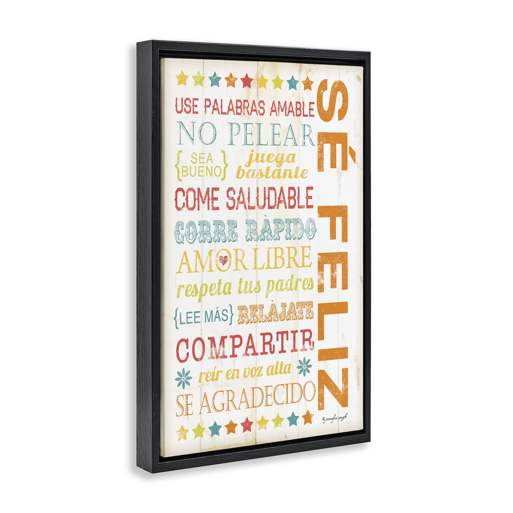 Stupell Industries Frases para Ser Feliz Inspirational Quotes & Sayings Painting Black Floater Framed Art Print Wall Art, 17 x 25