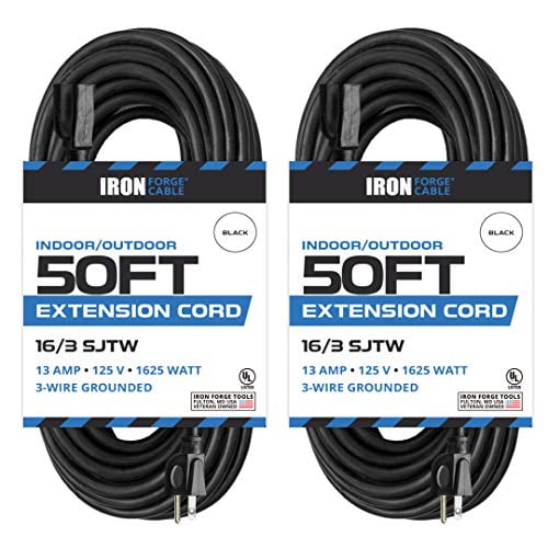 Iron Cable 2 Pack of 50 Ft Black Extension Cord 16/3 Durable