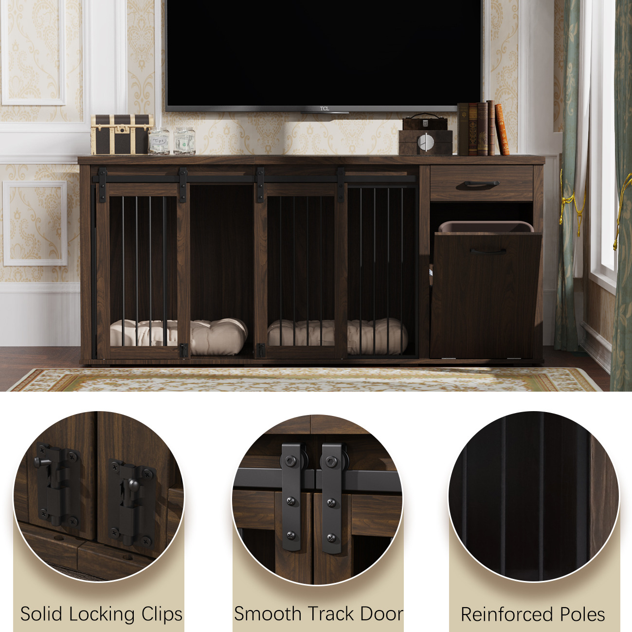 71'' Multi- Functional Dog Crate Furniture for 2 Dogs with Divider and Sliding Doors, Large Dog Kennel with Storage Drawer and Tilt Out Trash Cabinet, Brown