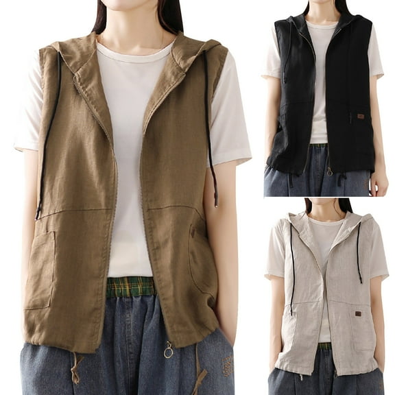 Fancifize Women's Sleeveless Cotton Linen Vest Zipper Hooded Open Front Cardigan Vest Casual Loose Lightweight Vest