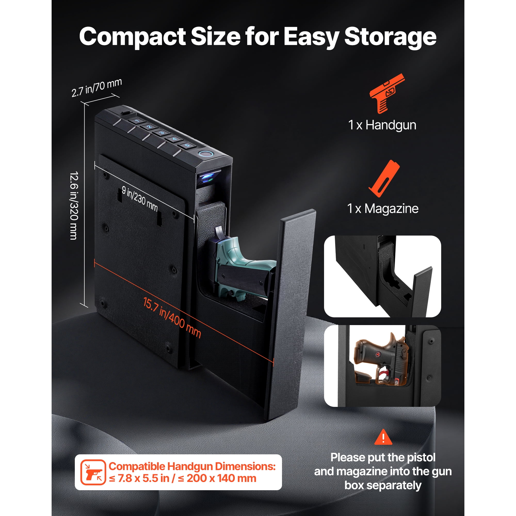 KFFKFF Handgun Safe with Fingerprint, Password, and Key Access, Quick-Access Firearm Storage Box with Interior Lighting for One Pistol and Magazine, Secure Mountable Case for Nightstand, Desk